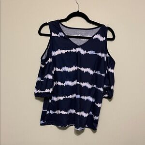 Navy and White Tie-Dye Cold Shoulder Top
